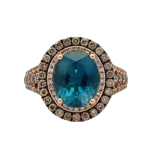 14k White and Rose Gold Le Vian Deep Sea Blue Topaz Oval Halo Ring — top-down view