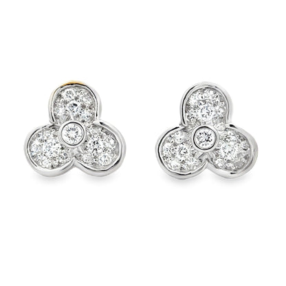14k White Gold 1.00ctw Round Diamond Floral Cluster Earrings — front view, pair shown