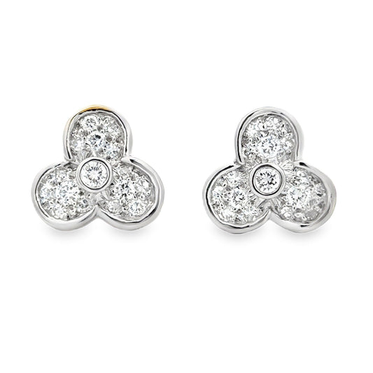 14k White Gold 1.00ctw Round Diamond Floral Cluster Earrings — front view, pair shown