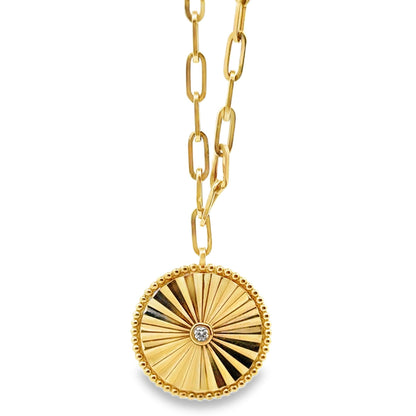 14k Yellow Gold Natural Diamond Sunburst Bezel Pendant Necklace — front view