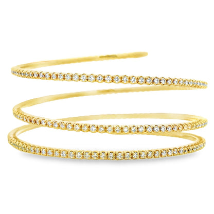 14k Yellow Gold 5.42ctw Natural Round Brilliant Diamond Triple Coil Bangle Bracelet — front view, clasp closed