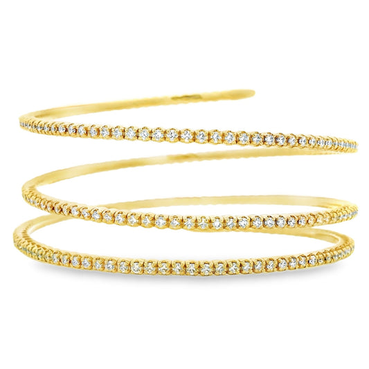 14k Yellow Gold 5.42ctw Natural Round Brilliant Diamond Triple Coil Bangle Bracelet — front view, clasp closed