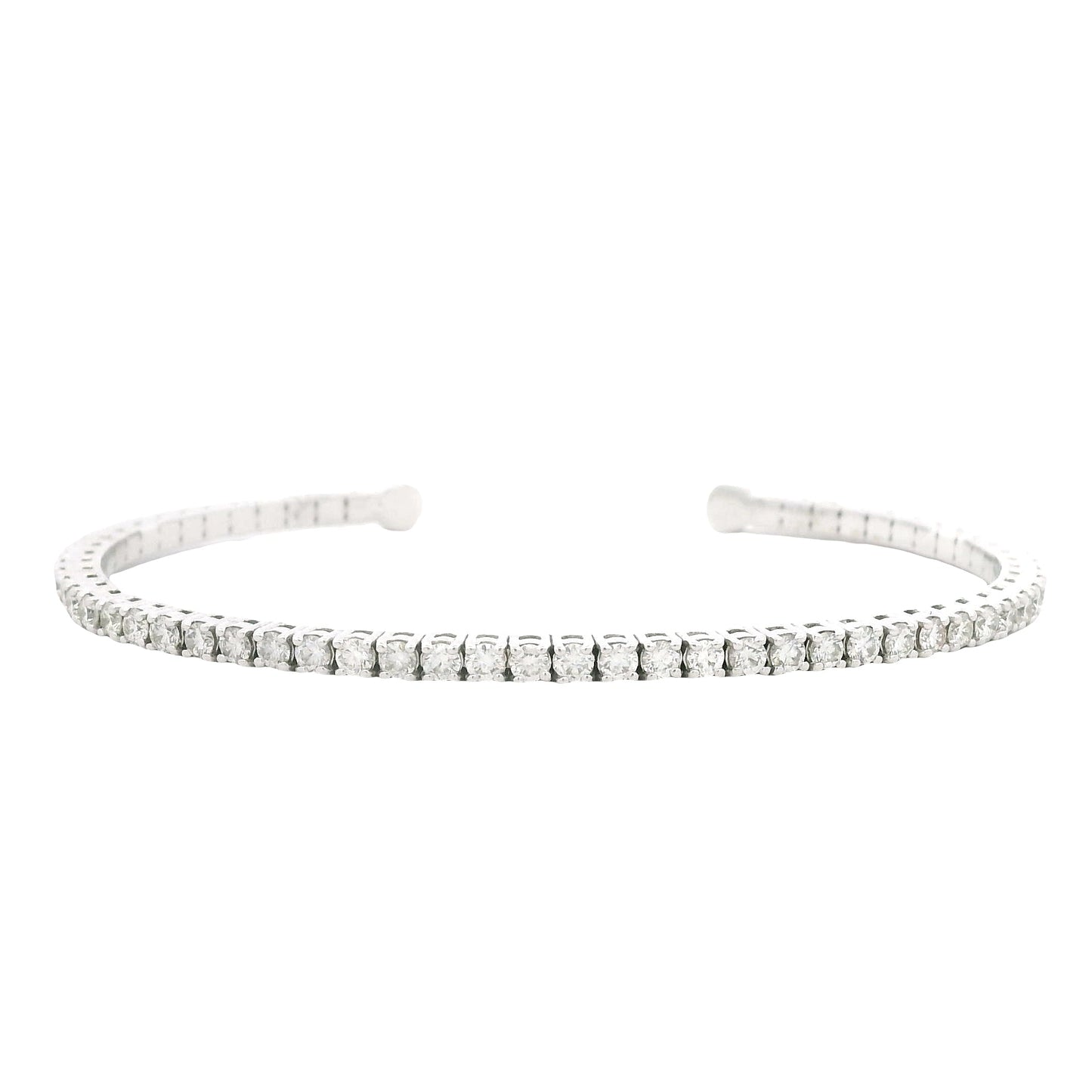 14k White Gold 2.60ctw Round Brilliant Diamond Flexible Pavé Bangle Bracelet — front view, clasp closed
