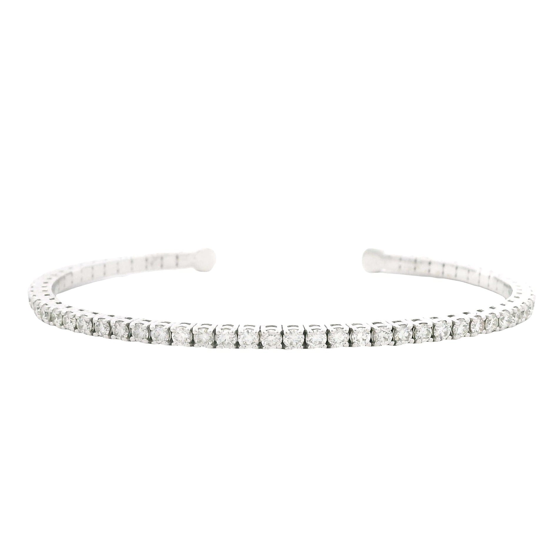 14k White Gold 2.60ctw Round Brilliant Diamond Flexible Pavé Bangle Bracelet — front view, clasp closed