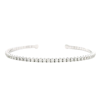 14k White Gold 2.60ctw Round Brilliant Diamond Flexible Pavé Bangle Bracelet — front view, clasp closed