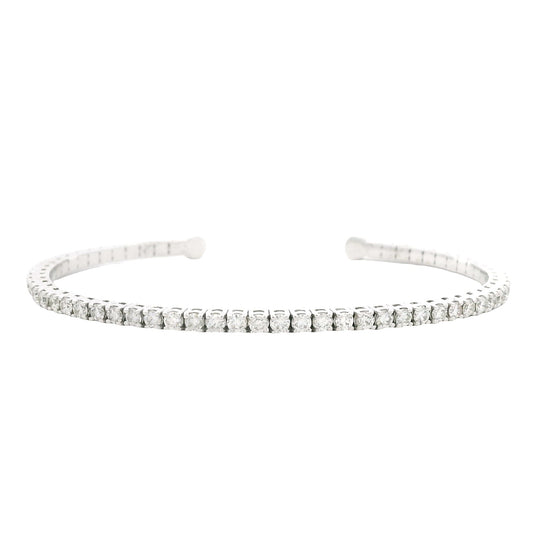 14k White Gold 2.60ctw Round Brilliant Diamond Flexible Pavé Bangle Bracelet — front view, clasp closed