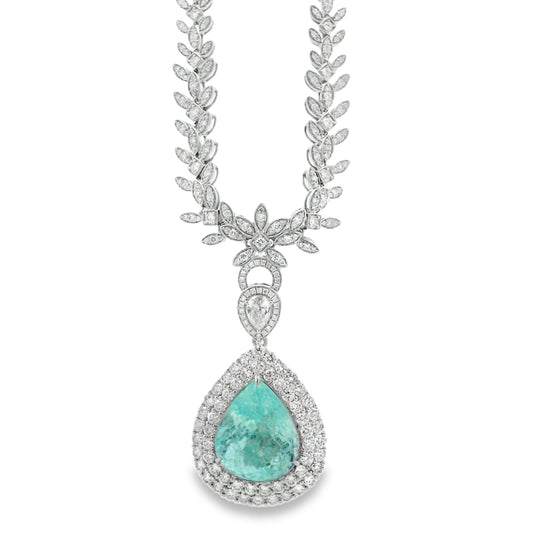 18k White Gold GIA Certified 19.58ct Paraiba Tourmaline & 6.58ctw Diamond Necklace — front view