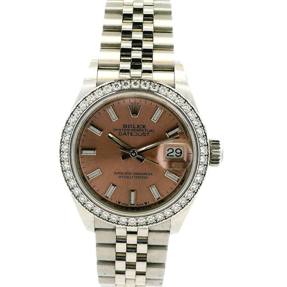 Rolex 279384RBR Datejust 28mm Pink Dial Diamond Bezel Stainless Steel Watch — front view