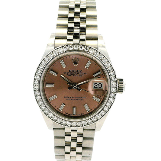 Rolex 279384RBR Datejust 28mm Pink Dial Diamond Bezel Stainless Steel Watch — front view