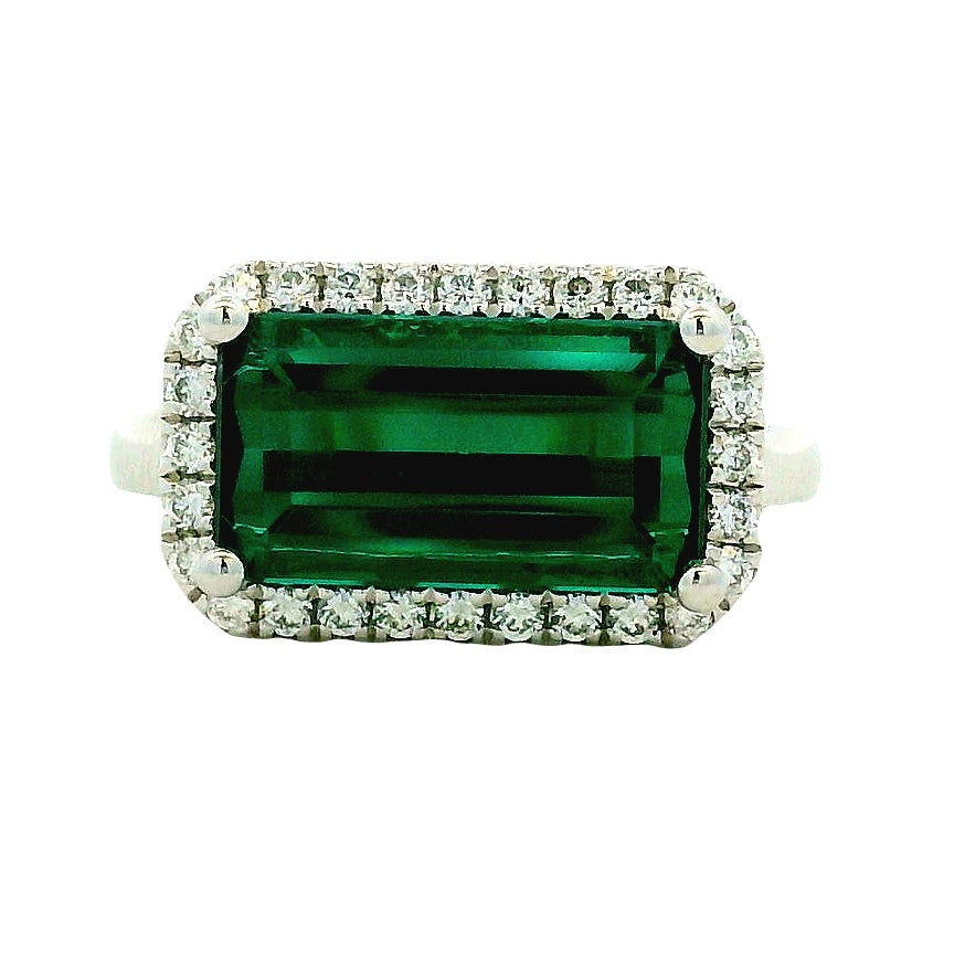 14k White Gold 3.54ct Emerald Cut Blue Tourmaline and 0.27ctw Diamond Halo Ring — top-down view