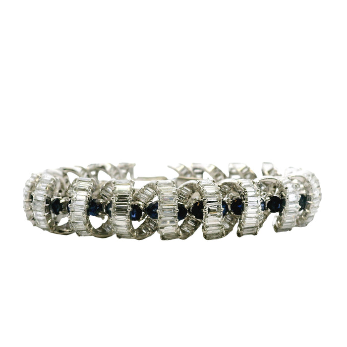Platinum 25ctw Baguette Cut Diamond and Natural Blue Sapphire Interlocking Link Statement Bracelet