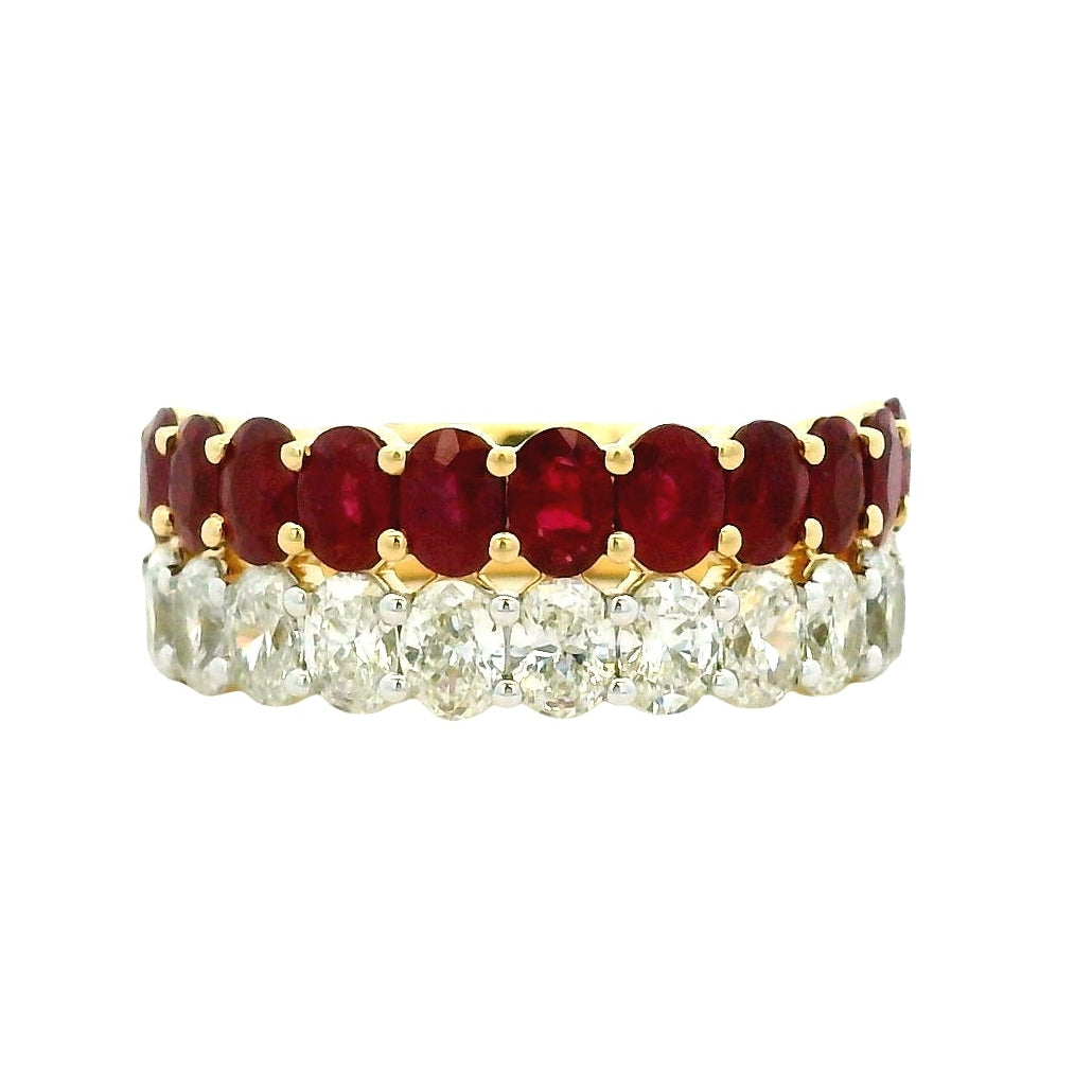 14k Yellow Gold 1.51ct Oval Diamond and 2.10ctw Ruby Two Row Cocktail Ring — top-down view