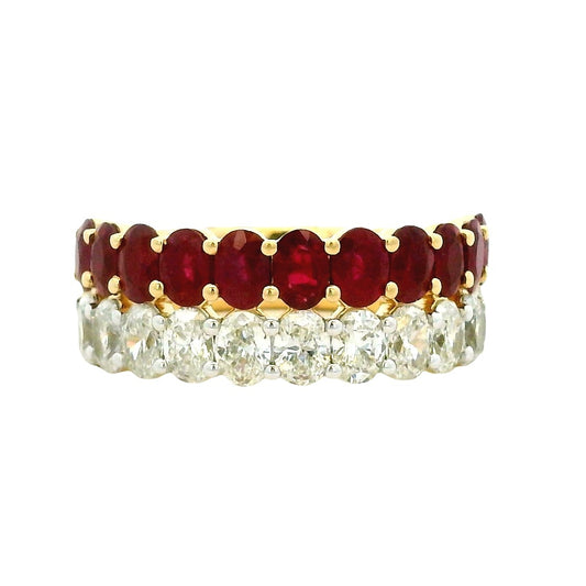 14k Yellow Gold 1.51ct Oval Diamond and 2.10ctw Ruby Two Row Cocktail Ring — top-down view
