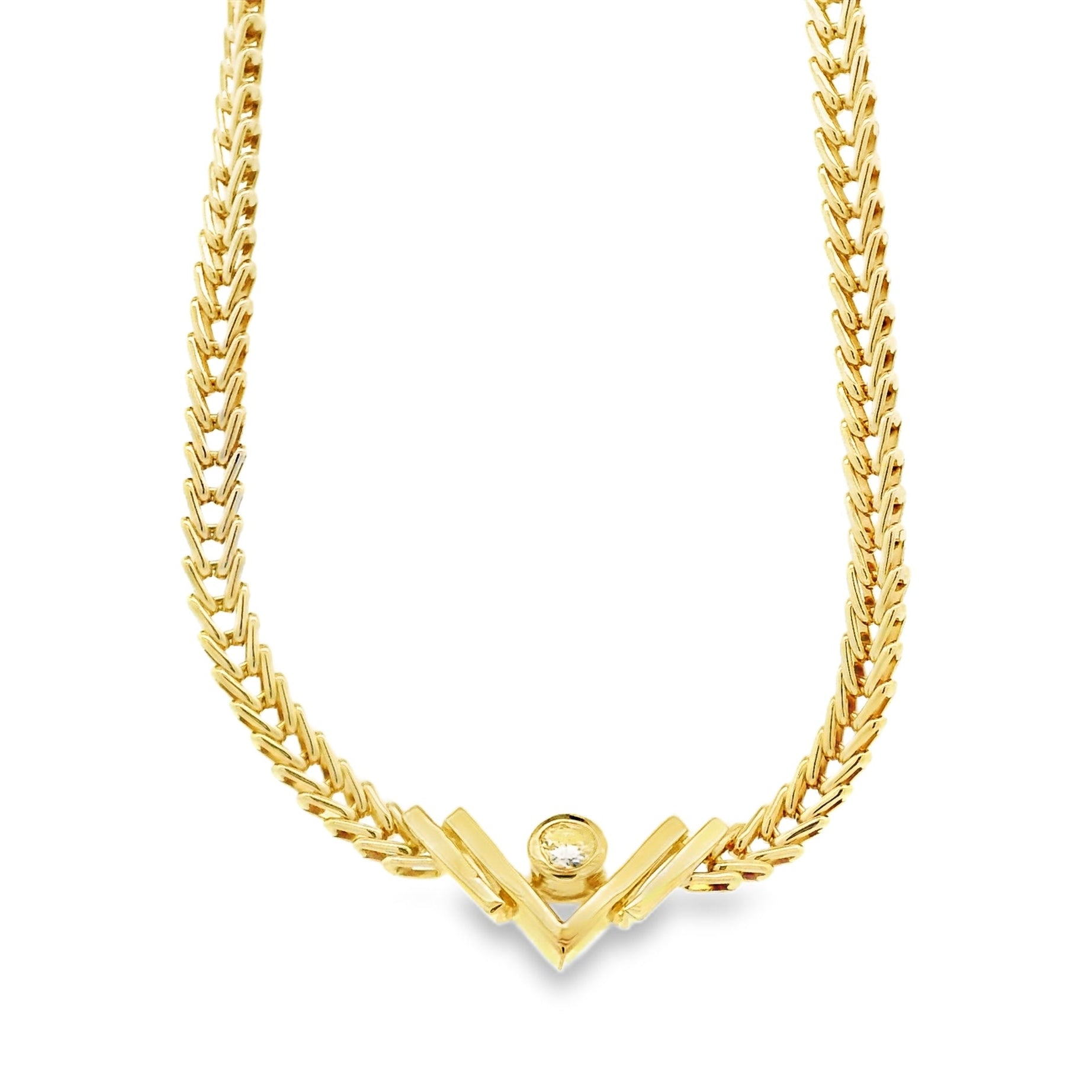 14k Yellow Gold V-Shaped Pendant Necklace with 0.10ct Round Diamond — top-down view