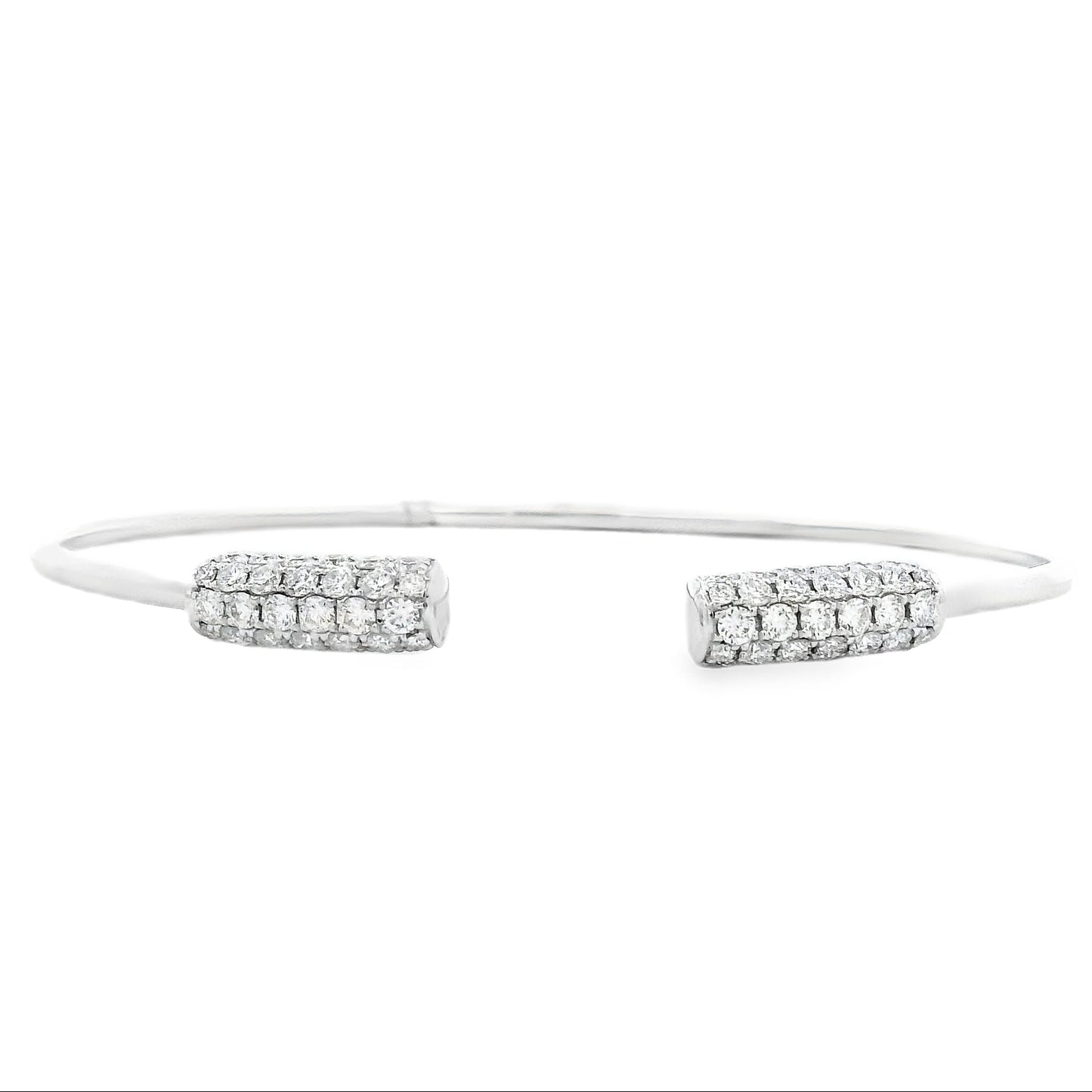 18k White Gold 1.34ctw Round Brilliant Diamond Pavé Cuff Bangle Bracelet — front view, clasp closed