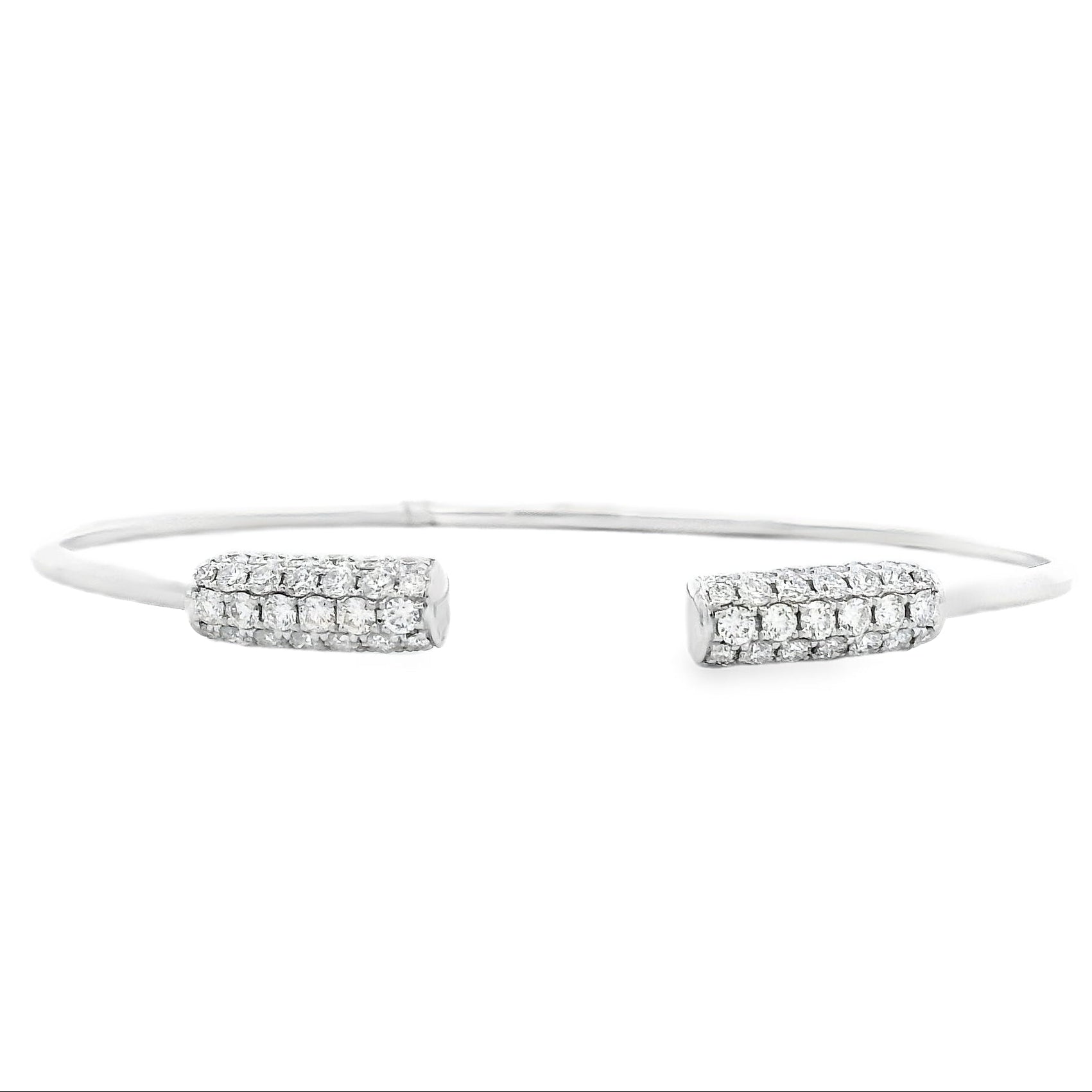 18k White Gold 1.34ctw Round Brilliant Diamond Pavé Cuff Bangle Bracelet — front view, clasp closed