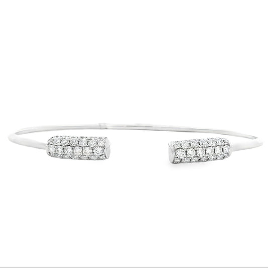18k White Gold 1.34ctw Round Brilliant Diamond Pavé Cuff Bangle Bracelet — front view, clasp closed