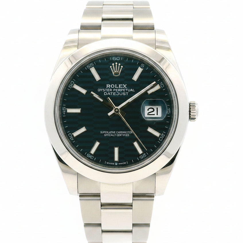 Rolex 126300 Datejust 41mm Blue Motif Dial Stainless Steel Watch — front view