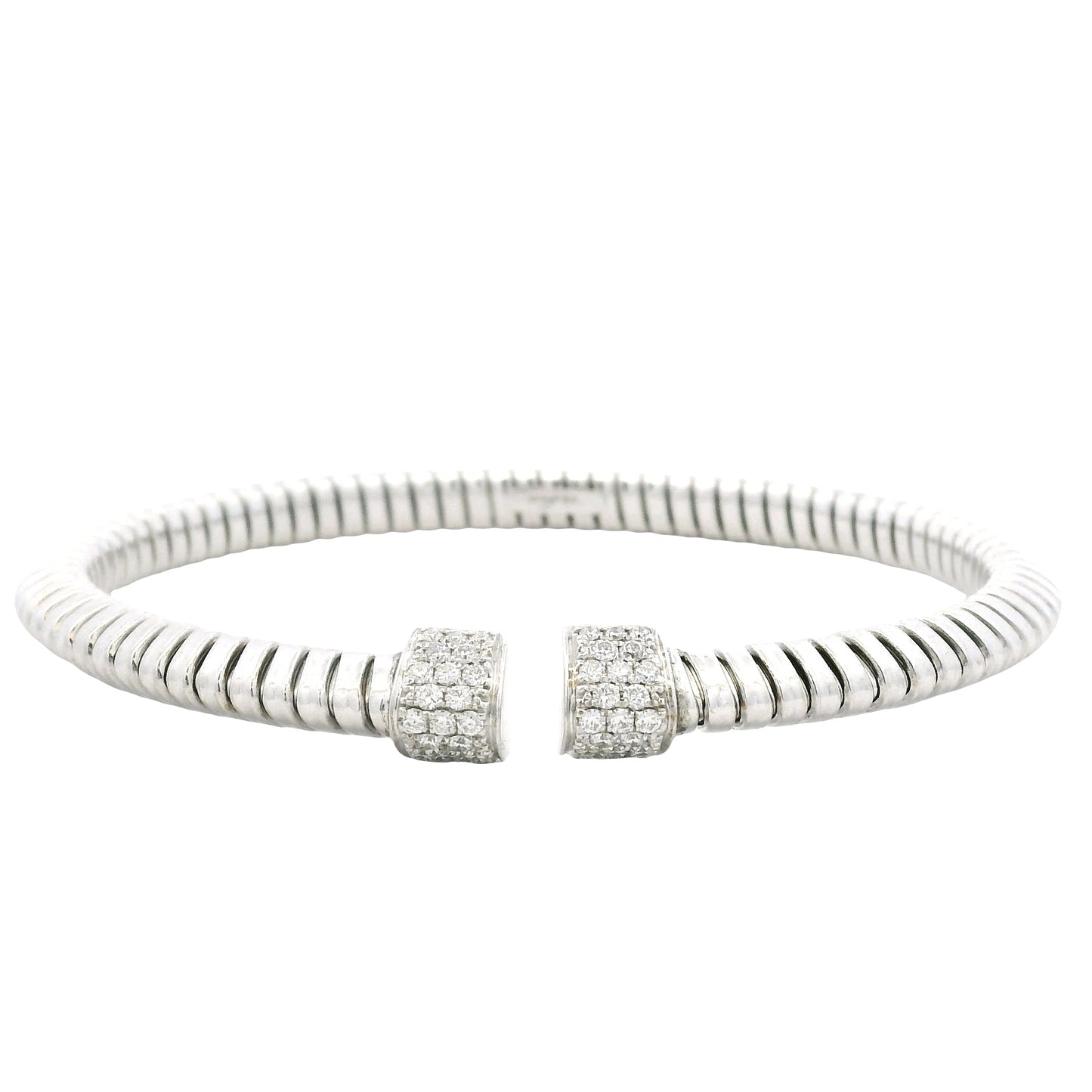 18k White Gold 0.48ctw Round Brilliant Diamond Ribbed Pavé Bangle Bracelet — front view, clasp closed