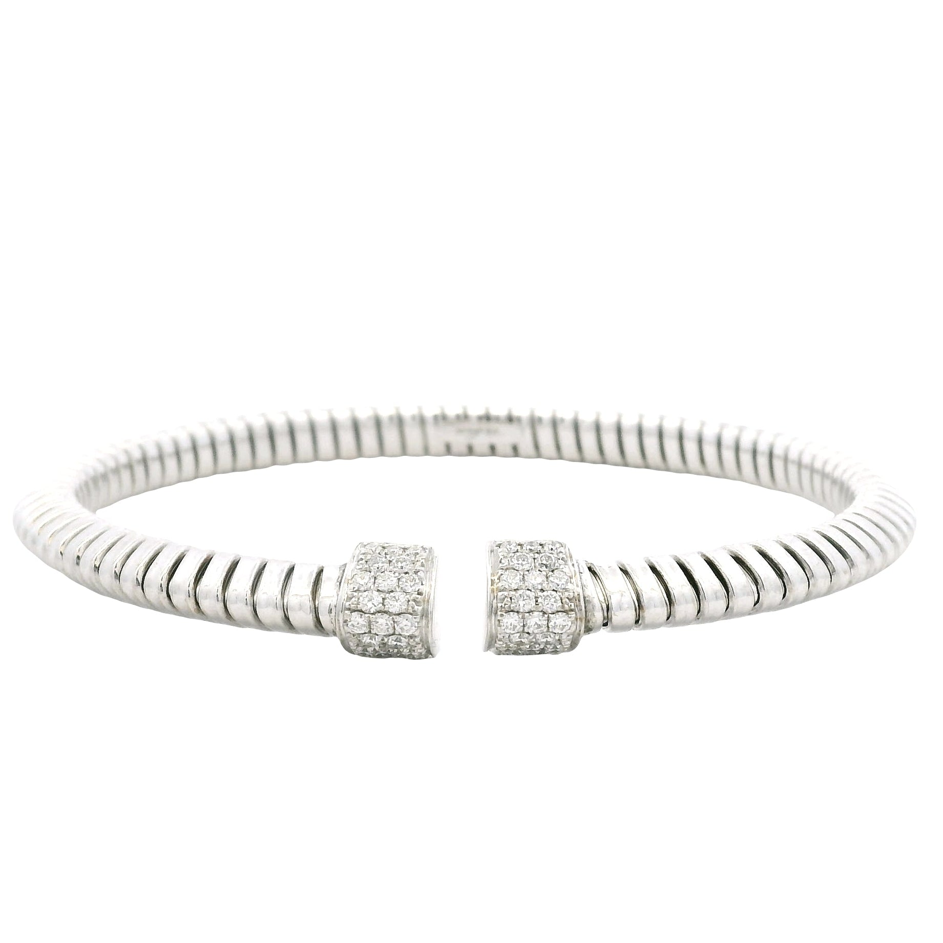 18k White Gold 0.48ctw Round Brilliant Diamond Ribbed Pavé Bangle Bracelet — front view, clasp closed