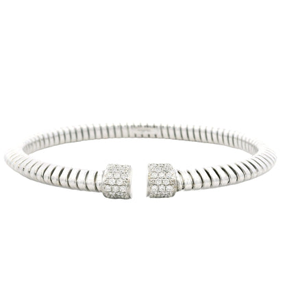 18k White Gold 0.48ctw Round Brilliant Diamond Ribbed Pavé Bangle Bracelet — front view, clasp closed