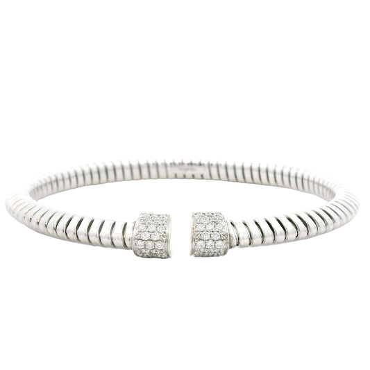 18k White Gold 0.48ctw Round Brilliant Diamond Ribbed Pavé Bangle Bracelet — front view, clasp closed