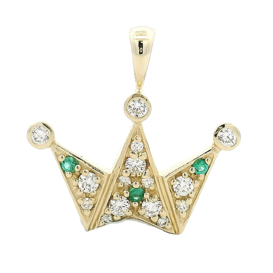 14k Yellow Gold Crown Pendant with 0.35ctw Round Brilliant Diamond & Natural Emerald Accents — front view