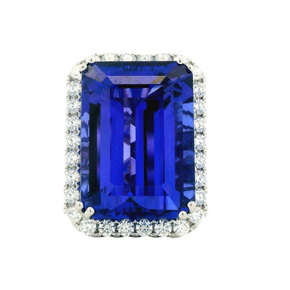 18k White Gold 34.72ct Emerald Cut Tanzanite and 2.26ctw Diamond Halo Cocktail Ring — top-down view