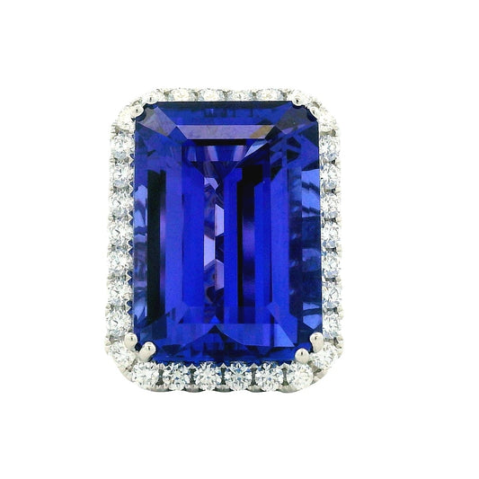 18k White Gold 34.72ct Emerald Cut Tanzanite and 2.26ctw Diamond Halo Cocktail Ring — top-down view