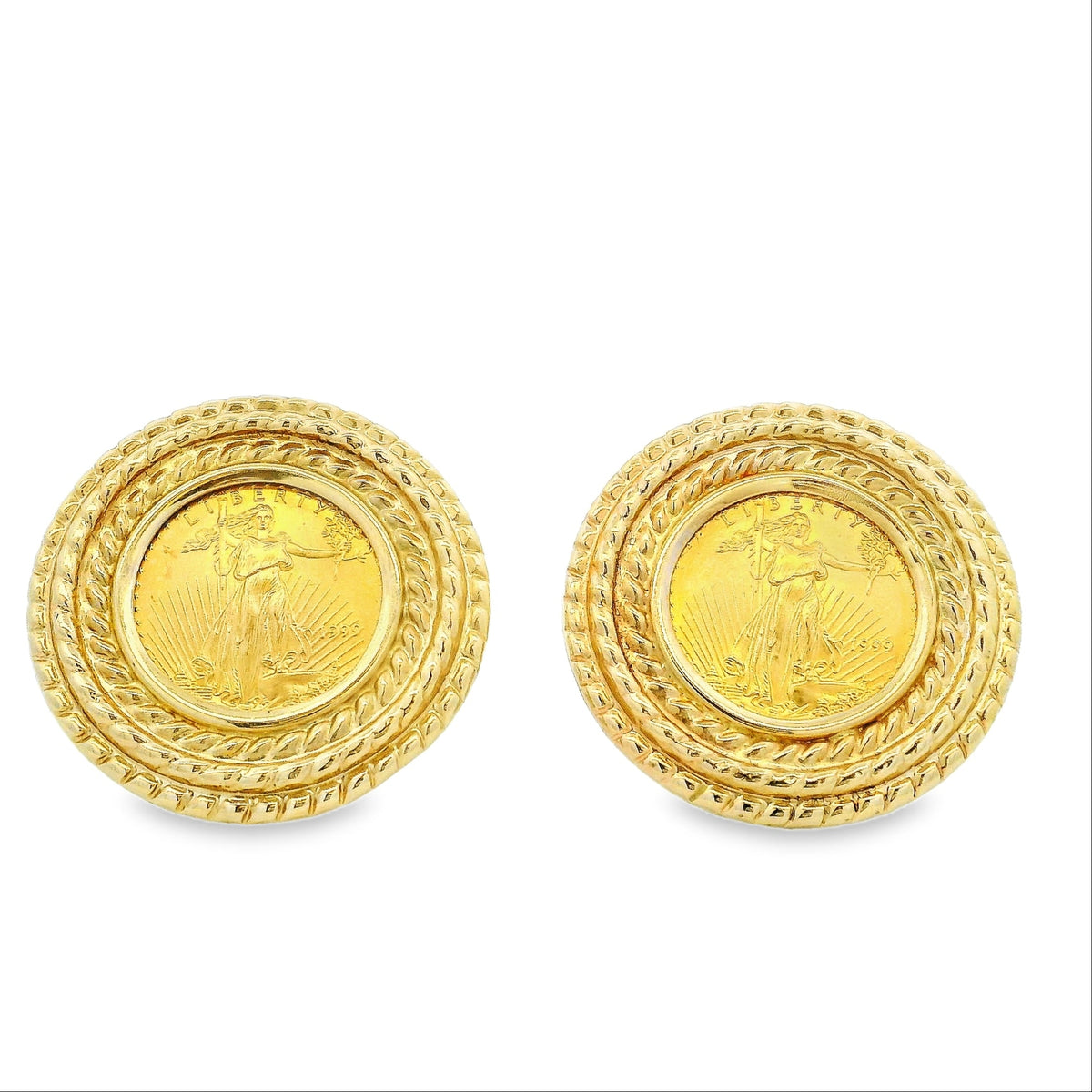 14k Yellow Gold 1999 $5 Liberty Coin Clip-Back Earrings — front view, pair shown