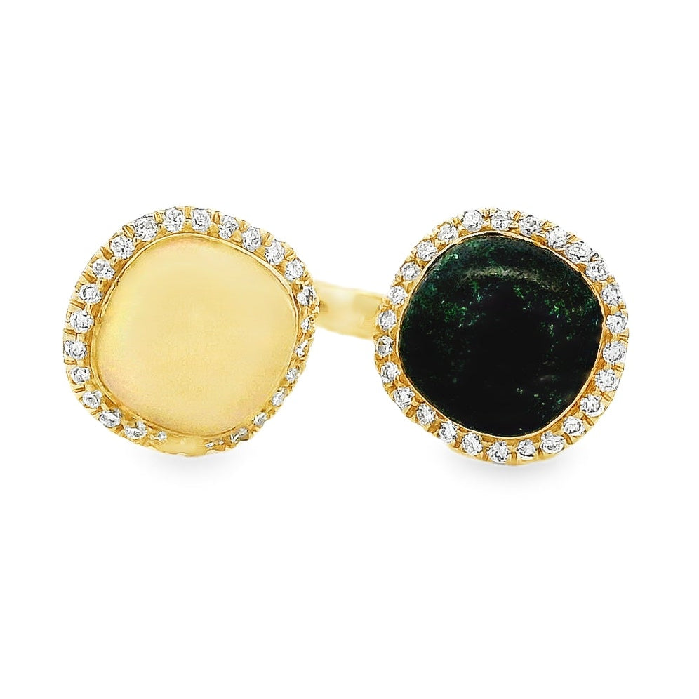 18k Yellow Gold White Opal and Black Opal Toi et Moi Ring — top-down view