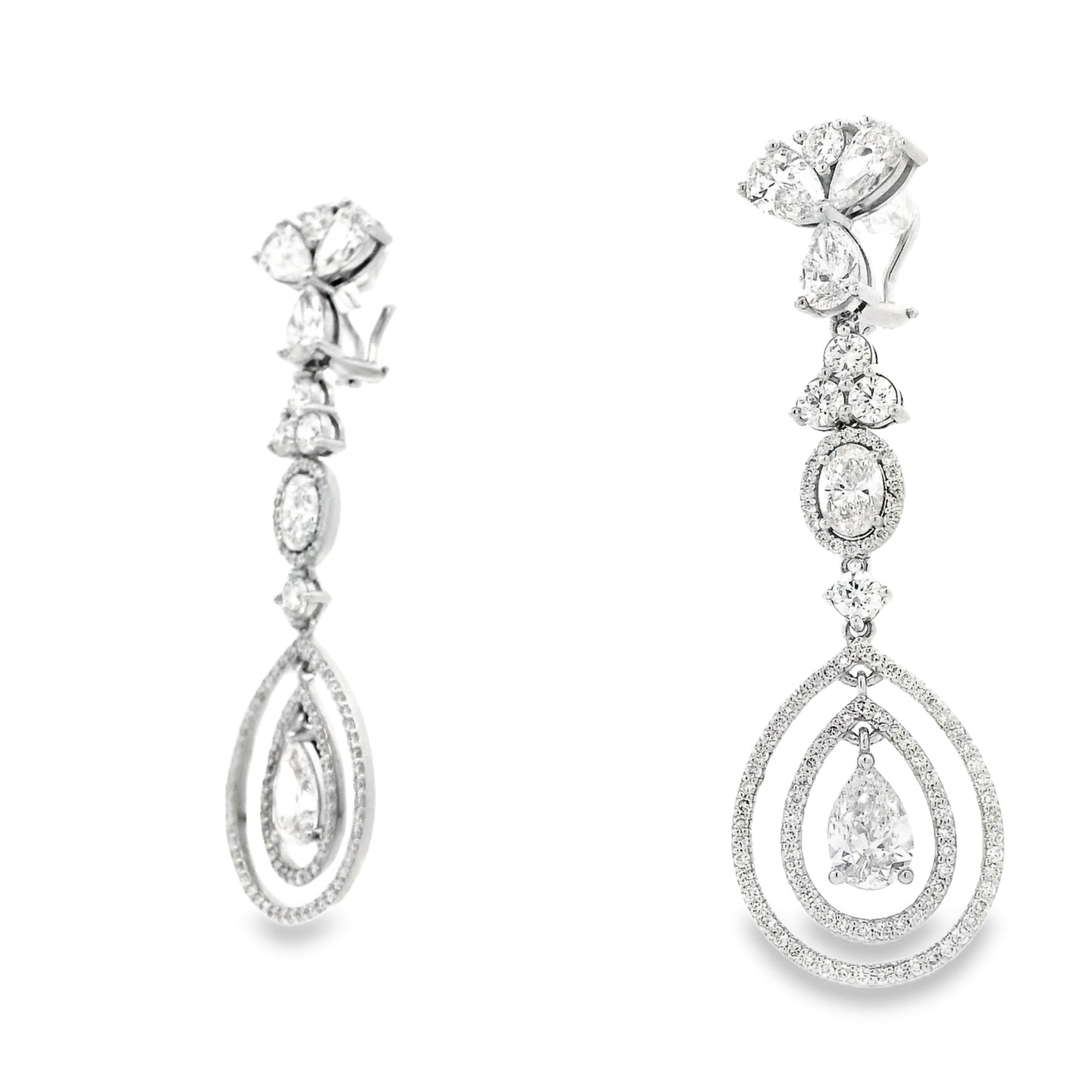18k White Gold 12.68ctw Pear Oval and Round Brilliant Diamond Drop Earrings — top-down view