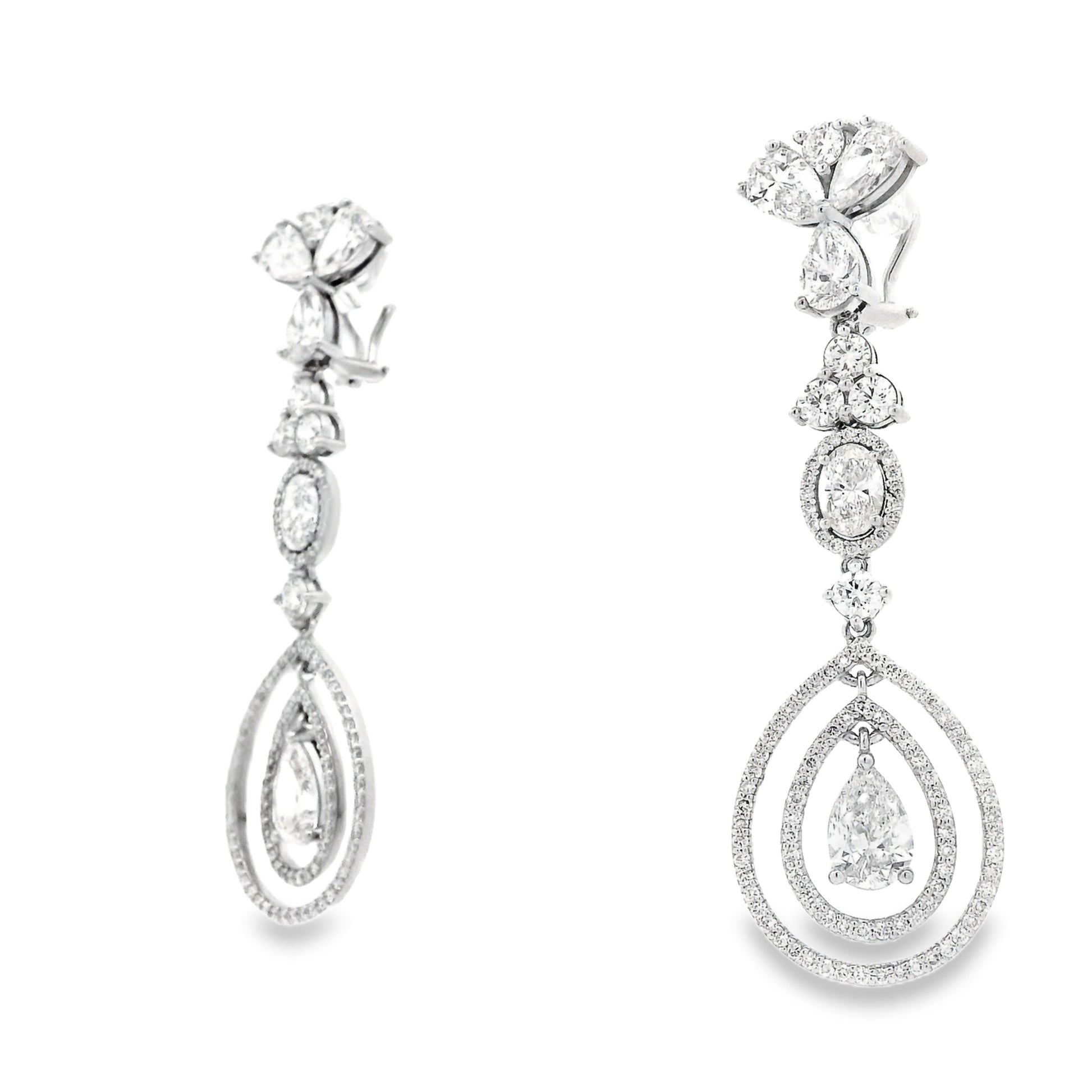 18k White Gold 12.68ctw Pear Oval and Round Brilliant Diamond Drop Earrings — top-down view