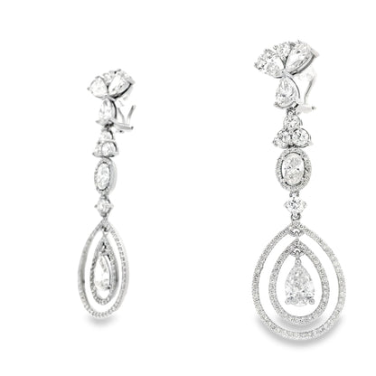 18k White Gold 12.68ctw Pear Oval and Round Brilliant Diamond Drop Earrings — top-down view
