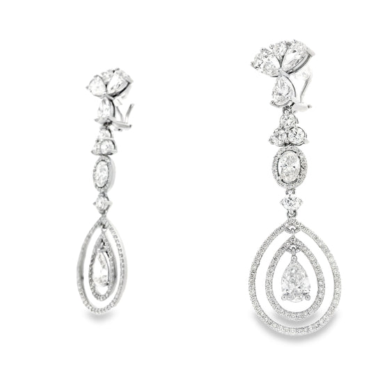 18k White Gold 12.68ctw Pear Oval and Round Brilliant Diamond Drop Earrings — top-down view