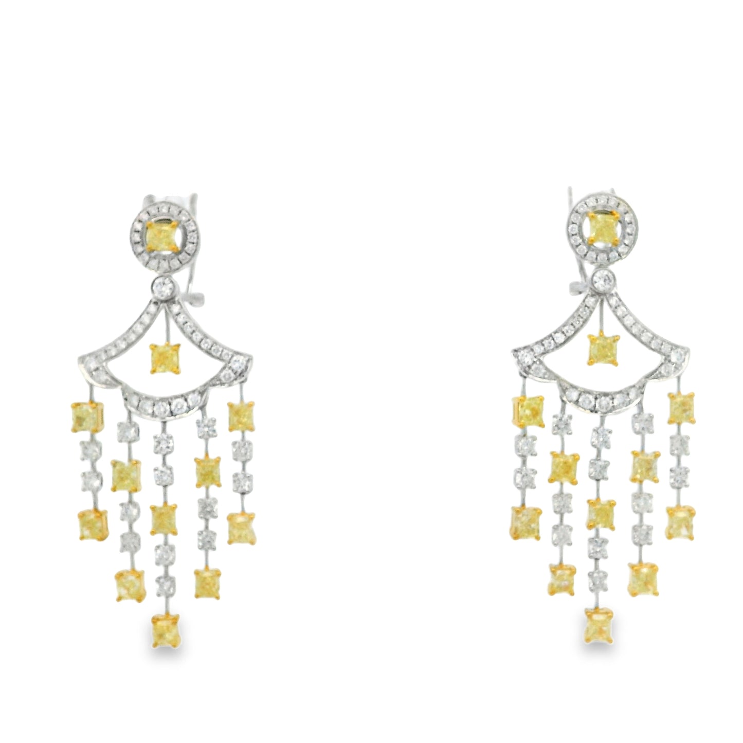 18k Two-Tone Gold 5.86ct Fancy Yellow and 2.71ctw Round Brilliant Diamond Dangle Earrings — front view, pair shown