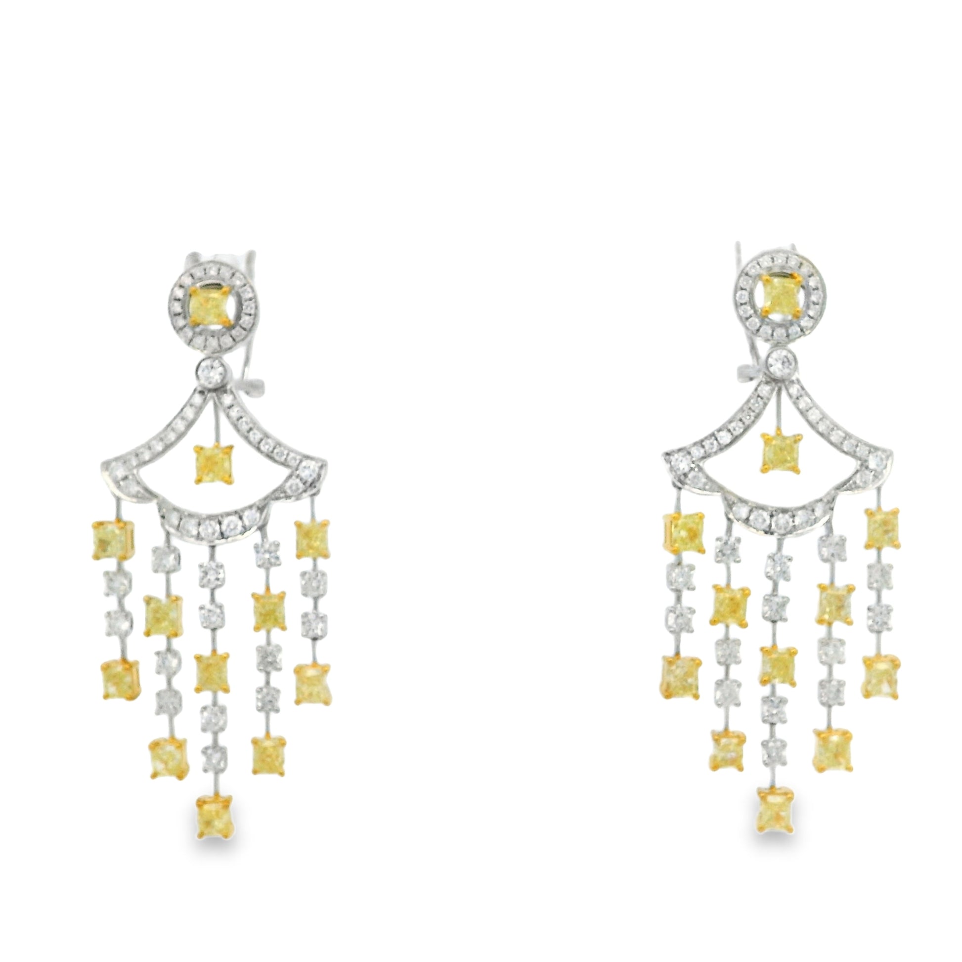 18k Two-Tone Gold 5.86ct Fancy Yellow and 2.71ctw Round Brilliant Diamond Dangle Earrings — front view, pair shown