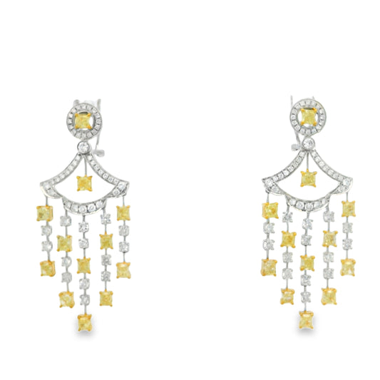 18k Two-Tone Gold 5.86ct Fancy Yellow and 2.71ctw Round Brilliant Diamond Dangle Earrings — front view, pair shown