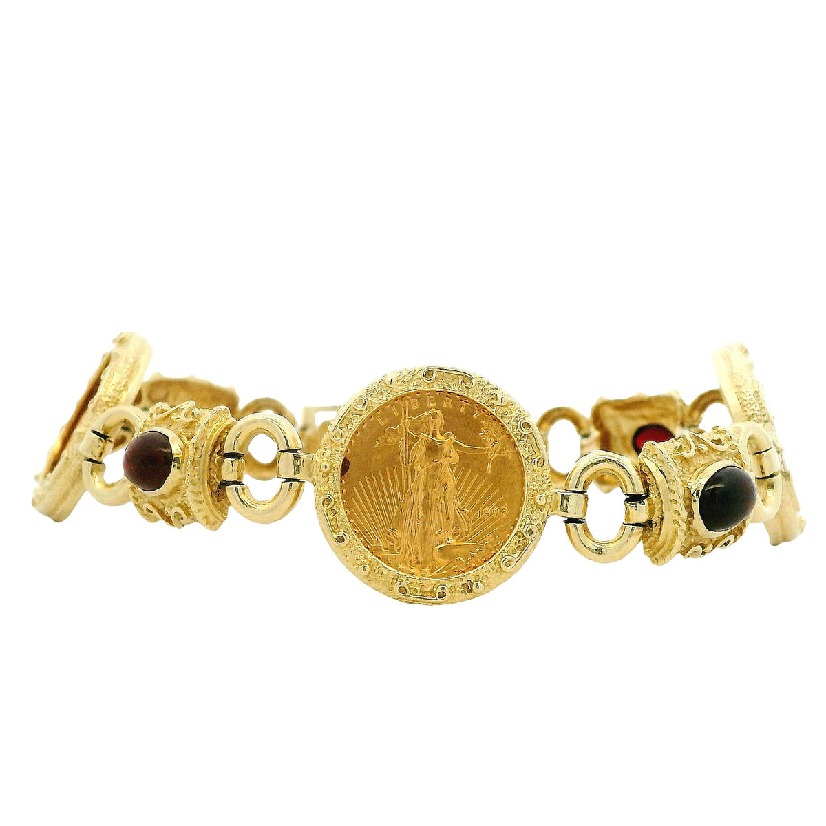 14k Yellow Gold American Eagle Coin Bracelet with Cabochon Gemstones — front view, clasp closed