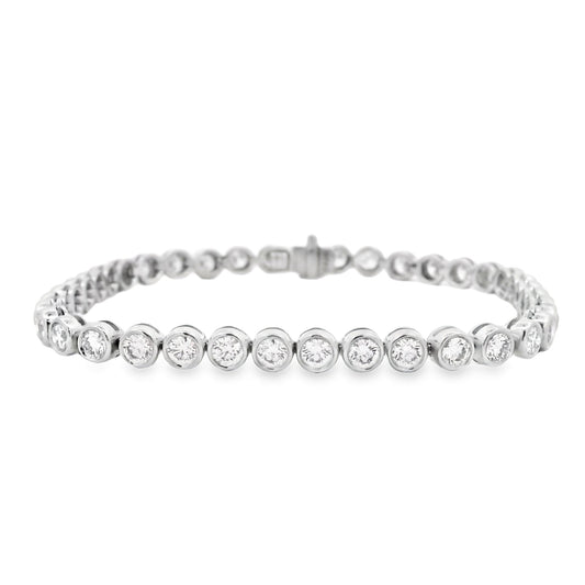18k White Gold 4.90ctw Round Brilliant Bezel Set Diamond Tennis Bracelet — front view, clasp closed