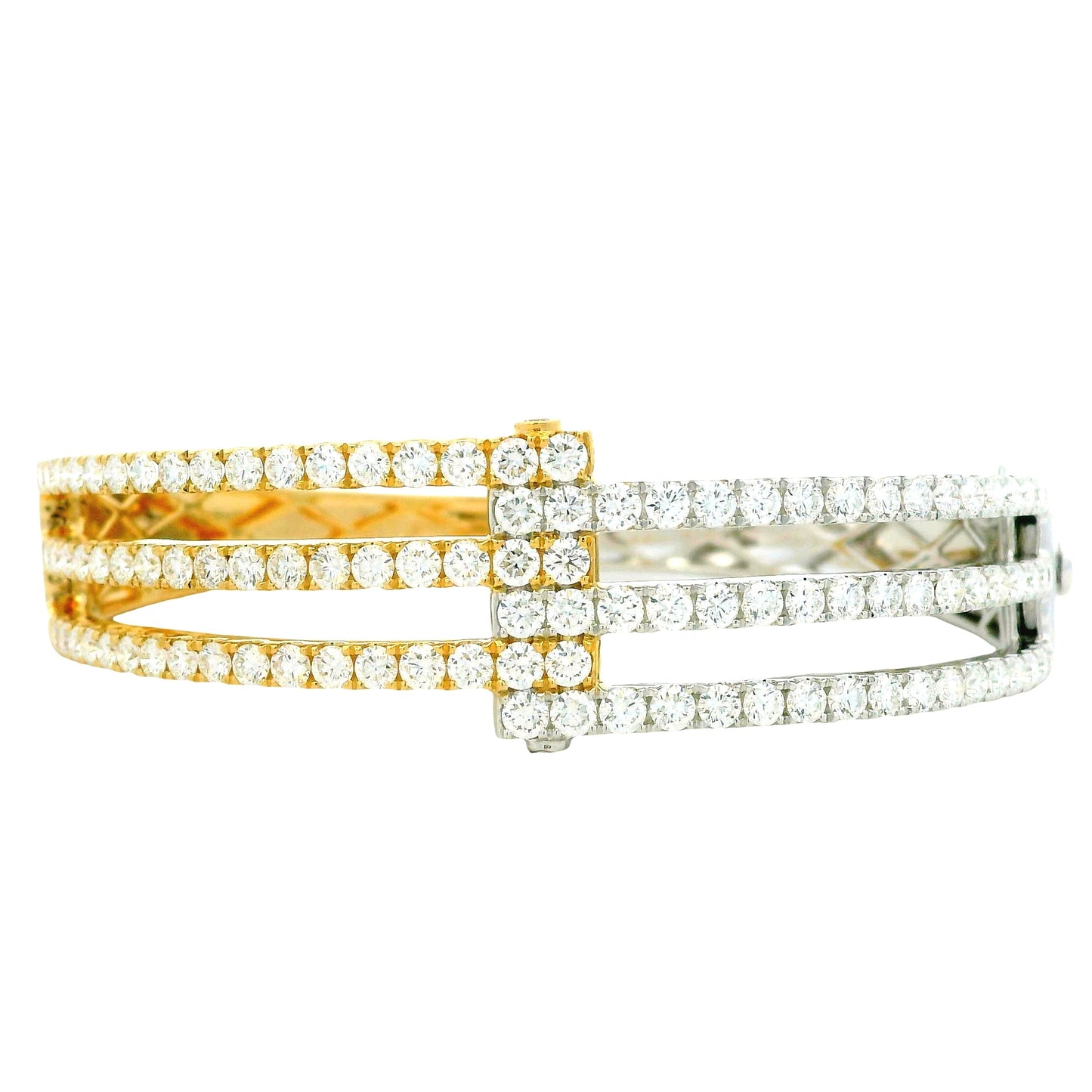18k White and Yellow Gold 5.21ctw Round Brilliant Diamond Two-Tone Bangle Bracelet — front view, clasp closed