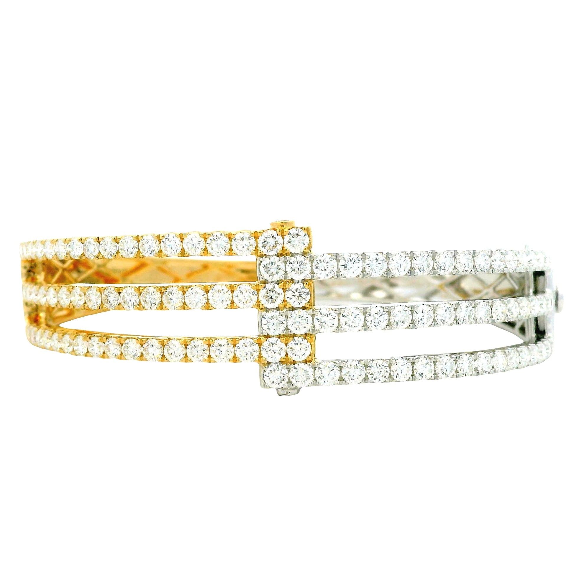 18k White and Yellow Gold 5.21ctw Round Brilliant Diamond Two-Tone Bangle Bracelet — front view, clasp closed