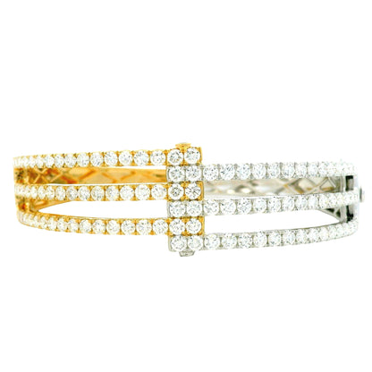 18k White and Yellow Gold 5.21ctw Round Brilliant Diamond Two-Tone Bangle Bracelet — front view, clasp closed