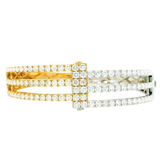 18k White and Yellow Gold 5.21ctw Round Brilliant Diamond Two-Tone Bangle Bracelet — front view, clasp closed