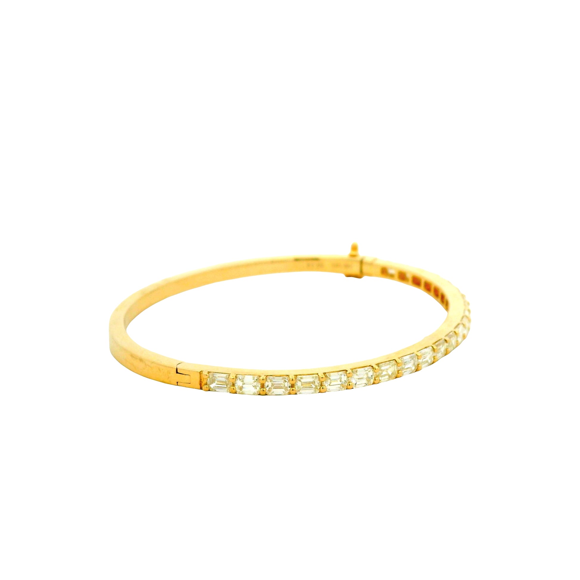 14k Yellow Gold 3.14ctw Emerald Cut Diamond Bangle Bracelet — front view, clasp closed