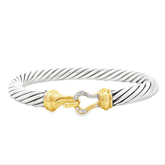 David Yurman Silver and 14k Gold Classic Cable Buckle Bangle Bracelet — front view, clasp closed
