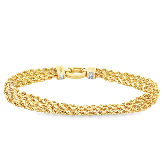 18k Yellow Gold Rope Bracelet with Diamond Studded Clasp — front view, clasp closed