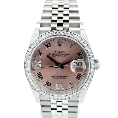 Rolex 126284RBR Datejust 36mm Pink Diamond Dial Diamond Bezel Jubilee Watch — front view