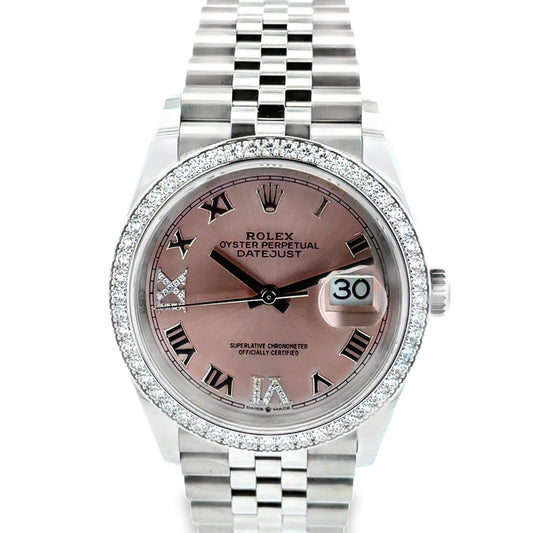 Rolex 126284RBR Datejust 36mm Pink Diamond Dial Diamond Bezel Jubilee Watch — front view