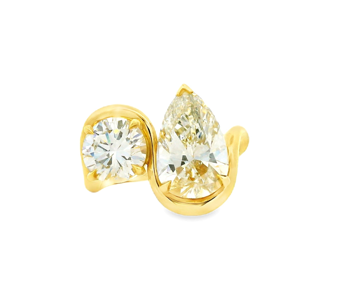 18k Yellow Gold 3.01ct Pear Cut and 1.47ct Round Cut Two-Stone Diamond Ring — top-down view